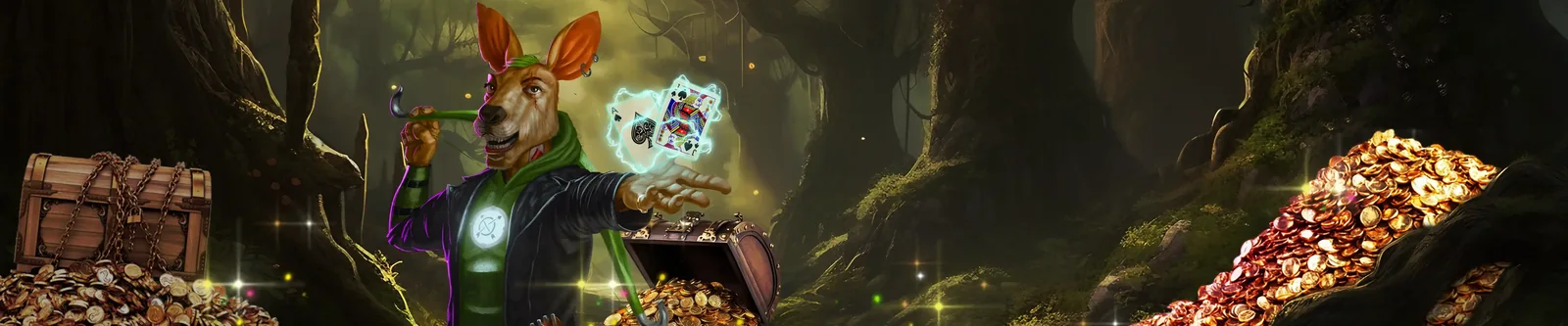 Robin Roo the outlaw kangaroo with playing cards and a chest of gold in the bush