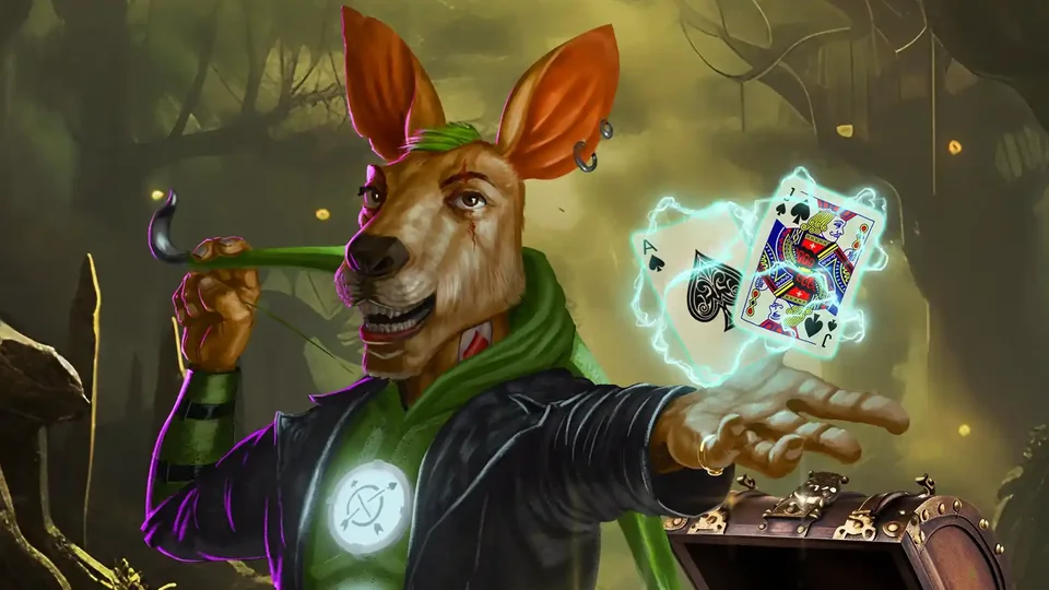 Robin Roo the kangaroo mascot in his green hood holding playing cards