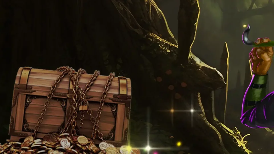 An open treasure chest spilling gold coins on the floor of the bush